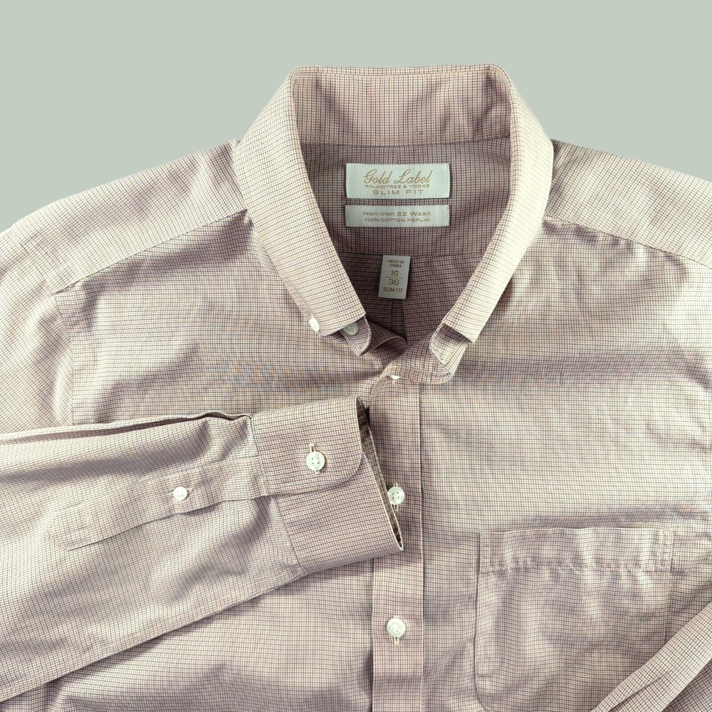 Roundtree & Yorke Shirt Mens 16/36 Gold Label Slim‎ Gingham Red Striped Preppy